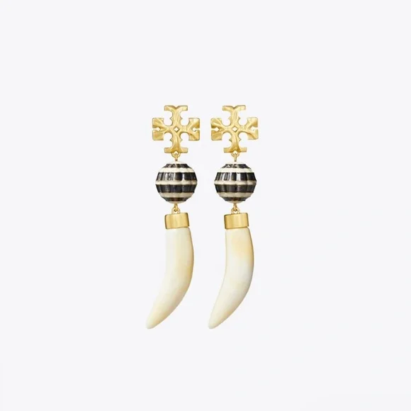 Tory Burch Roxanne Horn Drop Earrings - Rolled Tory Gold / Navy Multi - Picture 2 of 3